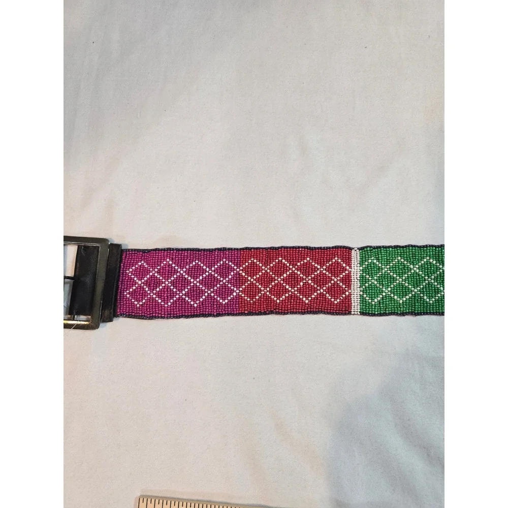 Rag Beaded Belt Green Pink‎ Red Geometric Pattern Statement Buckle New XS-S